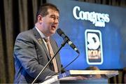 2 March 2024; Uachtarán Cumann Peil Gael na mBan Mícheál Naughton addresses delegates during the LGFA Annual Congress at The Falls Hotel in Ennistymon, Clare. Photo by Brendan Moran/Sportsfile