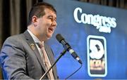 2 March 2024; Uachtarán Cumann Peil Gael na mBan Mícheál Naughton addresses delegates during the LGFA Annual Congress at The Falls Hotel in Ennistymon, Clare. Photo by Brendan Moran/Sportsfile