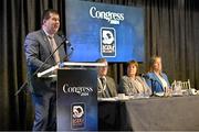 2 March 2024; Uachtarán Cumann Peil Gael na mBan Mícheál Naughton addresses delegates during the LGFA Annual Congress at The Falls Hotel in Ennistymon, Clare. Photo by Brendan Moran/Sportsfile