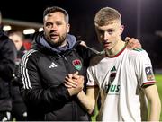 1 March 2024; Arran Healy of Cork City with manager Tim Clancy after the SSE Airtricity Men's First Division match between Cork City and UCD at Turner's Cross in Cork. Photo by Michael P Ryan/Sportsfile