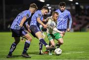 1 March 2024; Jack Doherty of Cork City in action against Alex Dunne, left, Eanna Clancy, and Ryan McBrearty of UCD during the SSE Airtricity Men's First Division match between Cork City and UCD at Turner's Cross in Cork. Photo by Michael P Ryan/Sportsfile