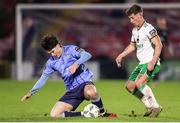 1 March 2024; Adam Verdon of UCD in action against Evan Mclaughlin of Cork City during the SSE Airtricity Men's First Division match between Cork City and UCD at Turner's Cross in Cork. Photo by Michael P Ryan/Sportsfile