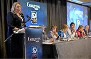 2 March 2024; Leinster LGFA President Trina Murray addresses delegates after being confirmed as Uachtarán Tofa of the LGFA during the LGFA Annual Congress at The Falls Hotel in Ennistymon, Clare. Photo by Brendan Moran/Sportsfile