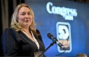 2 March 2024; Leinster LGFA President Trina Murray addresses delegates after being confirmed as Uachtarán Tofa of the LGFA during the LGFA Annual Congress at The Falls Hotel in Ennistymon, Clare. Photo by Brendan Moran/Sportsfile