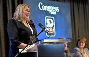 2 March 2024; Leinster LGFA President Trina Murray addresses delegates after being confirmed as Uachtarán Tofa of the LGFA during the LGFA Annual Congress at The Falls Hotel in Ennistymon, Clare. Photo by Brendan Moran/Sportsfile