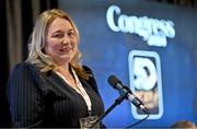 2 March 2024; Leinster LGFA President Trina Murray addresses delegates after being confirmed as Uachtarán Tofa of the LGFA during the LGFA Annual Congress at The Falls Hotel in Ennistymon, Clare. Photo by Brendan Moran/Sportsfile