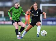 2 March 2024; Freya Healy of Peamount United in action against Shauna Brennan of Athlone Town during the 2024 Women's President's Cup match between Athlone Town and Peamount United at Athlone Town Stadium in Athlone, Westmeath. Photo by Tyler Miller/Sportsfile