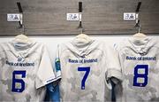 2 March 2024; The jerseys of Leinster the backrow, from left, Will Connors, Scott Penny and Max Deegan are seen in the dressing room before the United Rugby Championship match between Cardiff and Leinster at Cardiff Arms Park in Cardiff, Wales. Photo by Harry Murphy/Sportsfile