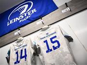 2 March 2024; The jerseys of Liam Turner and Jordan Larmour of Leinster are seen in the dressing room before the United Rugby Championship match between Cardiff and Leinster at Cardiff Arms Park in Cardiff, Wales. Photo by Harry Murphy/Sportsfile