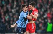 2 March 2024; John Small of Dublin and Shane McGuigan of Derry tussle during the Allianz Football League Division 1 match between Derry and Dublin at Celtic Park in Derry. Photo by David Fitzgerald/Sportsfile