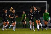 2 March 2024; Chloe Singleton of Athlone Town, right, celebrates with team-mates after scoring their side's second goal during the 2024 Women's President's Cup match between Athlone Town and Peamount United at Athlone Town Stadium in Athlone, Westmeath. Photo by Tyler Miller/Sportsfile