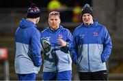 2 March 2024; Ulster assistant coach Dan Soper, right, with Rob Herring of Ulster, and Ulster defence coach Jonny Bell before the United Rugby Championship match between Ulster and Dragons at Kingspan Stadium in Belfast. Photo by Ramsey Cardy/Sportsfile