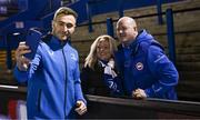2 March 2024; Jordan Larmour of Leinster takes a selfie with Leinster supporters Jay Head and Rachel West before the United Rugby Championship match between Cardiff and Leinster at Cardiff Arms Park in Cardiff, Wales. Photo by Harry Murphy/Sportsfile