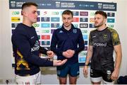 2 March 2024; Referee Ian Kenny with Ulster captain James Hume and Dragons captain Steff Hughes at the coin toss before the United Rugby Championship match between Ulster and Dragons at Kingspan Stadium in Belfast. Photo by John Dickson/Sportsfile
