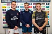 2 March 2024; Referee Ian Kenny with Ulster captain James Hume and Dragons captain Steff Hughes at the coin toss before the United Rugby Championship match between Ulster and Dragons at Kingspan Stadium in Belfast. Photo by John Dickson/Sportsfile