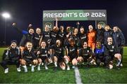 2 March 2024; The Athlone Town squad celebrate with the President's Cup after the 2024 Women's President's Cup match between Athlone Town and Peamount United at Athlone Town Stadium in Athlone, Westmeath. Photo by Tyler Miller/Sportsfile