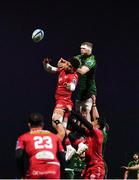 2 March 2024; Sam Lousi of Scarlets in action against Niall Murray of Connacht during the United Rugby Championship match between Connacht and Scarlets at Dexcom Stadium in Galway. Photo by Stephen Marken/Sportsfile