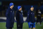 2 March 2024; Leinster coaches, from left, head coach Leo Cullen, senior coach Jacques Nienaber and backs coach Andrew Goodman before the United Rugby Championship match between Cardiff and Leinster at Cardiff Arms Park in Cardiff, Wales. Photo by Harry Murphy/Sportsfile