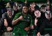 2 March 2024; Sam Illo of Connacht celebrates with supporters after the United Rugby Championship match between Connacht and Scarlets at Dexcom Stadium in Galway. Photo by Stephen Marken/Sportsfile