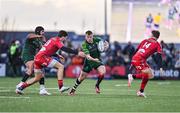 2 March 2024; David Hawkshaw of Connacht in action against Johnny Williams of Scarlets during the United Rugby Championship match between Connacht and Scarlets at Dexcom Stadium in Galway. Photo by Stephen Marken/Sportsfile