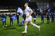2 March 2024; Jordan Larmour of Leinster runs out for his 100th Leinster appearance cheered on by Leinster supporters from Monkstown FC Under-10s before the United Rugby Championship match between Cardiff and Leinster at Cardiff Arms Park in Cardiff, Wales. Photo by Harry Murphy/Sportsfile