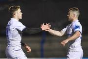 2 March 2024; Rob Russell of Leinster celebrates with teammate Luke McGrath after scoring his side's first try during the United Rugby Championship match between Cardiff and Leinster at Cardiff Arms Park in Cardiff, Wales. Photo by Harry Murphy/Sportsfile