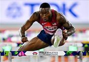 2 March 2024; Grant Holloway of USA on the way to winning his semi-final of the Men's 60m hurdles on day two of the World Indoor Athletics Championships 2024 at Emirates Arena in Glasgow, Scotland. Photo by Sam Barnes/Sportsfile