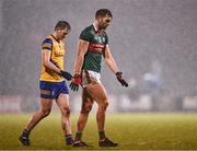 2 March 2024; Aidan O'Shea of Mayo and Brian Stack of Roscommon during the Allianz Football League Division 1 match between Mayo and Roscommon at Hastings Insurance MacHale Park in Castlebar, Mayo. Photo by Piaras Ó Mídheach/Sportsfile