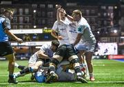 2 March 2024; Jack Boyle of Leinster celebrates as teammate Max Deegan, bottom, scores his side's second try during the United Rugby Championship match between Cardiff and Leinster at Cardiff Arms Park in Cardiff, Wales. Photo by Harry Murphy/Sportsfile