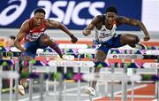 2 March 2024; Cameron Murray of USA, left, and Just Kwaou-Mathey of France in action during their semi-final of the Men's 60m hurdles on day two of the World Indoor Athletics Championships 2024 at Emirates Arena in Glasgow, Scotland. Photo by Sam Barnes/Sportsfile