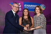 2 March 2024; Amy Clifford of Dicksboro, Kilkenny, centre, is presented with her 2023 Team of the Year award by Uachtarán an Cumann Camógaíochta, Hilda Breslin and Chief Marketing Officer of AIB, Mark Doyle during the AIB Camogie Club Player Awards at Croke Park in Dublin. The awards recognise the top performing players throughout the AIB Camogie Club Championships and celebrate their hard work, commitment, and individual achievements from the 2023 season. Photo by Seb Daly/Sportsfile