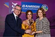 2 March 2024; Tara Kenny of Sarsfields, Galway, centre, is presented with her 2023 Team of the Year award by Uachtarán an Cumann Camógaíochta, Hilda Breslin and Chief Marketing Officer of AIB, Mark Doyle during the AIB Camogie Club Player Awards at Croke Park in Dublin. The awards recognise the top performing players throughout the AIB Camogie Club Championships and celebrate their hard work, commitment, and individual achievements from the 2023 season. Photo by Seb Daly/Sportsfile
