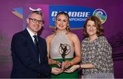 2 March 2024; Maria Cooney of Sarsfields, Galway, centre, is presented with her 2023 Team of the Year award by Uachtarán an Cumann Camógaíochta, Hilda Breslin and Chief Marketing Officer of AIB, Mark Doyle during the AIB Camogie Club Player Awards at Croke Park in Dublin. The awards recognise the top performing players throughout the AIB Camogie Club Championships and celebrate their hard work, commitment, and individual achievements from the 2023 season. Photo by Seb Daly/Sportsfile
