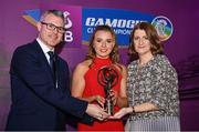 2 March 2024; Sarah Spellman of Sarsfields, Galway, centre, is presented with her 2023 Team of the Year award by Uachtarán an Cumann Camógaíochta, Hilda Breslin and Chief Marketing Officer of AIB, Mark Doyle during the AIB Camogie Club Player Awards at Croke Park in Dublin. The awards recognise the top performing players throughout the AIB Camogie Club Championships and celebrate their hard work, commitment, and individual achievements from the 2023 season. Photo by Seb Daly/Sportsfile