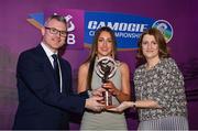 2 March 2024; Aobha O’Gorman of Dicksboro, Kilkenny, centre, is presented with her 2023 Team of the Year award by Uachtarán an Cumann Camógaíochta, Hilda Breslin and Chief Marketing Officer of AIB, Mark Doyle during the AIB Camogie Club Player Awards at Croke Park in Dublin. The awards recognise the top performing players throughout the AIB Camogie Club Championships and celebrate their hard work, commitment, and individual achievements from the 2023 season. Photo by Seb Daly/Sportsfile