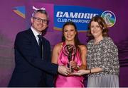 2 March 2024; Jane Cass of Dicksboro, Kilkenny, centre, is presented with her 2023 Team of the Year award by Uachtarán an Cumann Camógaíochta, Hilda Breslin and Chief Marketing Officer of AIB, Mark Doyle during the AIB Camogie Club Player Awards at Croke Park in Dublin. The awards recognise the top performing players throughout the AIB Camogie Club Championships and celebrate their hard work, commitment, and individual achievements from the 2023 season. Photo by Seb Daly/Sportsfile