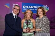 2 March 2024; Laura Ward of Sarsfields, Galway, centre, is presented with her 2023 Team of the Year award by Uachtarán an Cumann Camógaíochta, Hilda Breslin and Chief Marketing Officer of AIB, Mark Doyle during the AIB Camogie Club Player Awards at Croke Park in Dublin. The awards recognise the top performing players throughout the AIB Camogie Club Championships and celebrate their hard work, commitment, and individual achievements from the 2023 season. Photo by Seb Daly/Sportsfile