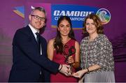 2 March 2024; Katie Byrne of Dicksboro, Kilkenny, centre, is presented with her 2023 Team of the Year award by Uachtarán an Cumann Camógaíochta, Hilda Breslin and Chief Marketing Officer of AIB, Mark Doyle during the AIB Camogie Club Player Awards at Croke Park in Dublin. The awards recognise the top performing players throughout the AIB Camogie Club Championships and celebrate their hard work, commitment, and individual achievements from the 2023 season. Photo by Seb Daly/Sportsfile