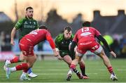 2 March 2024; David Hawkshaw of Connacht in action against Eddie James, left, and Johnny Williams of Scarlets during the United Rugby Championship match between Connacht and Scarlets at Dexcom Stadium in Galway. Photo by Stephen Marken/Sportsfile
