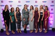 2 March 2024; Dicksboro, Kilkenny, players, from left, Aoife Prendergast, Jenny Clifford, Amy Clifford, Kirsty Maher, Aobha O’Gorman, Ciara Phelan, Asha McHardy and Katie Byrne on arrival at the AIB Camogie Club Player Awards at Croke Park in Dublin. Photo by Seb Daly/Sportsfile