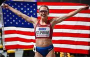 2 March 2024; Elle St Pierre of USA celebrates winning the Women's 3000m Final in a championship record time on day two of the World Indoor Athletics Championships 2024 at Emirates Arena in Glasgow, Scotland. Photo by Sam Barnes/Sportsfile