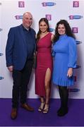 2 March 2024; Katie Byrne of Dicksboro, Kilkenny, centre, with James Byrne and Katherine Kendal on arrival at the AIB Camogie Club Player Awards at Croke Park in Dublin. Photo by Seb Daly/Sportsfile