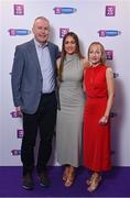 2 March 2024; Aobha O’Gorman of Dicksboro, Kilkenny, with her parents John and Siobhan O'Gorman on arrival at the AIB Camogie Club Player Awards at Croke Park in Dublin. Photo by Seb Daly/Sportsfile