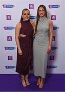 2 March 2024; Dicksboro, Kilkenny, players Ciara Phelan, left, and Aobhe O'Gorman, on arrival at the AIB Camogie Club Player Awards at Croke Park in Dublin. Photo by Seb Daly/Sportsfile