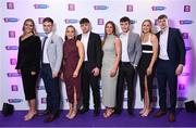 2 March 2024; Dicksboro, Kilkenny, players and their partners, from left, Aoife Prendergast, John Walton, Ciara Phelan, Liam Dunphy, Aobhe O'Gorman, Pádraic Waldron, Asha McHardy and Eoin Deely, on arrival at the AIB Camogie Club Player Awards at Croke Park in Dublin. Photo by Seb Daly/Sportsfile