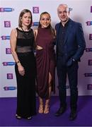 2 March 2024; Ciara Phelan of Dicksboro, Kilkenny, with her parents Noreen and Brian Phelan on arrival at the AIB Camogie Club Player Awards at Croke Park in Dublin. Photo by Seb Daly/Sportsfile