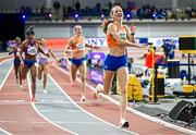 2 March 2024; Femke Bol of Netherlands celebrates after winning the Women's 400m Final on day two of the World Indoor Athletics Championships 2024 at Emirates Arena in Glasgow, Scotland. Photo by Sam Barnes/Sportsfile