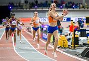 2 March 2024; Femke Bol of Netherlands celebrates after winning the Women's 400m Final on day two of the World Indoor Athletics Championships 2024 at Emirates Arena in Glasgow, Scotland. Photo by Sam Barnes/Sportsfile