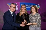 2 March 2024; Aoife Prendergast of Dicksboro, Kilkenny, is presented with her 2023 AIB Camogie Club Player of the Year award by Uachtarán an Cumann Camógaíochta, Hilda Breslin and Chief Marketing Officer of AIB, Mark Doyle during the AIB Camogie Club Player Awards at Croke Park in Dublin. The awards recognise the top performing players throughout the AIB Camogie Club Championships and celebrate their hard work, commitment, and individual achievements from the 2023 season. Photo by Seb Daly/Sportsfile