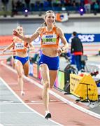 2 March 2024; Femke Bol of Netherlands celebrates after winning the Women's 400m Final in a world record ime on day two of the World Indoor Athletics Championships 2024 at Emirates Arena in Glasgow, Scotland. Photo by Sam Barnes/Sportsfile
